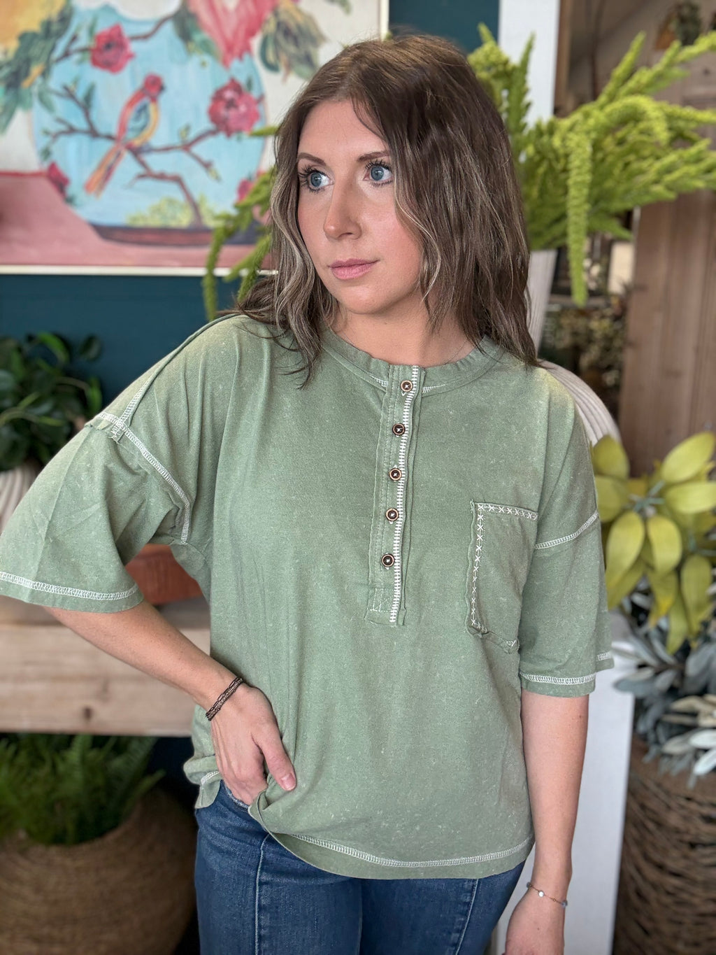 Mineral Washed Oversized Olive Top