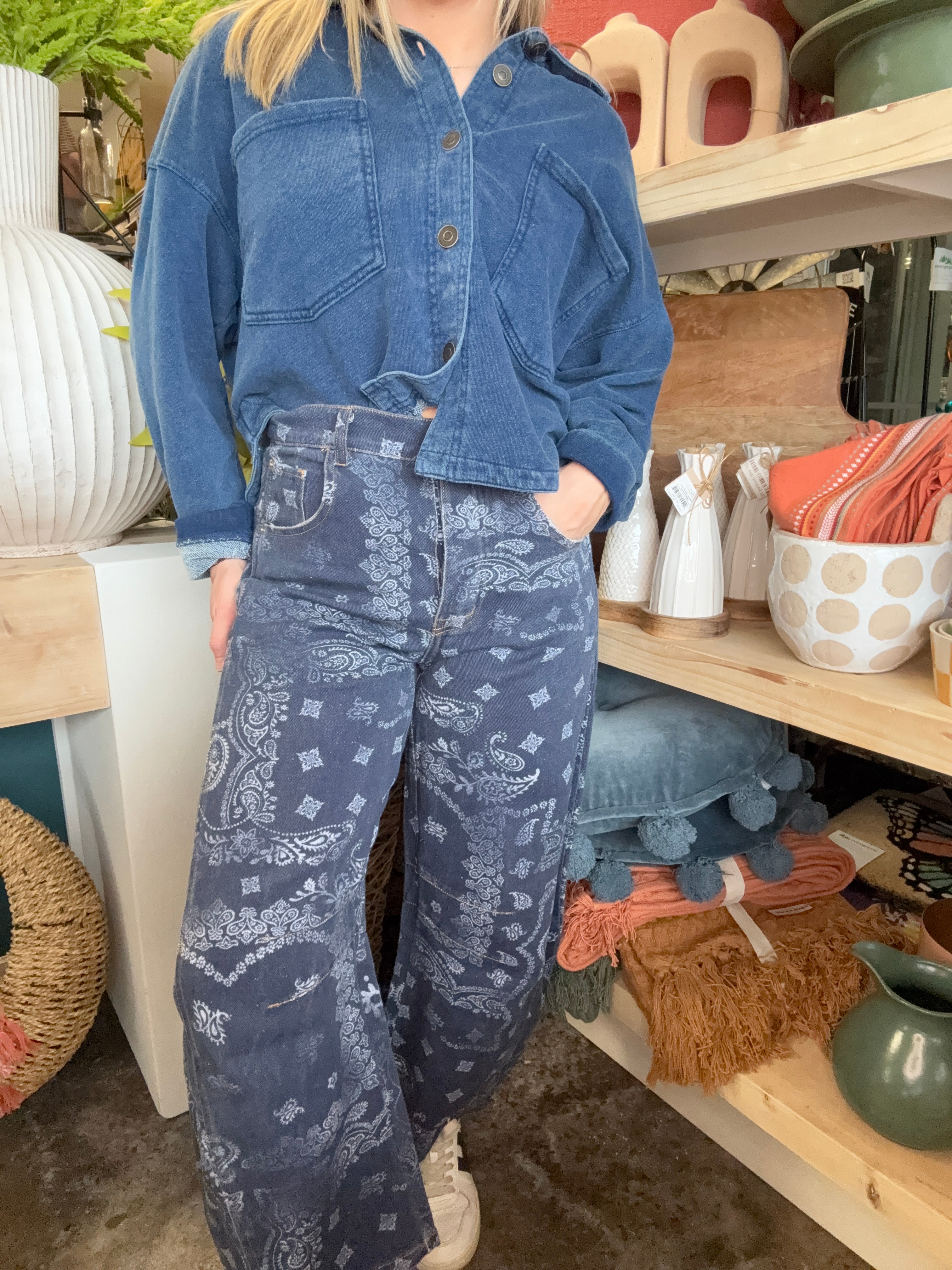 Midnight Paisley Printed Barrel Jeans