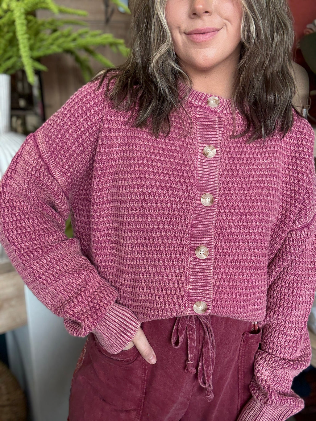Mineral Washed Sunday Stroll Cardigan — Rosewood