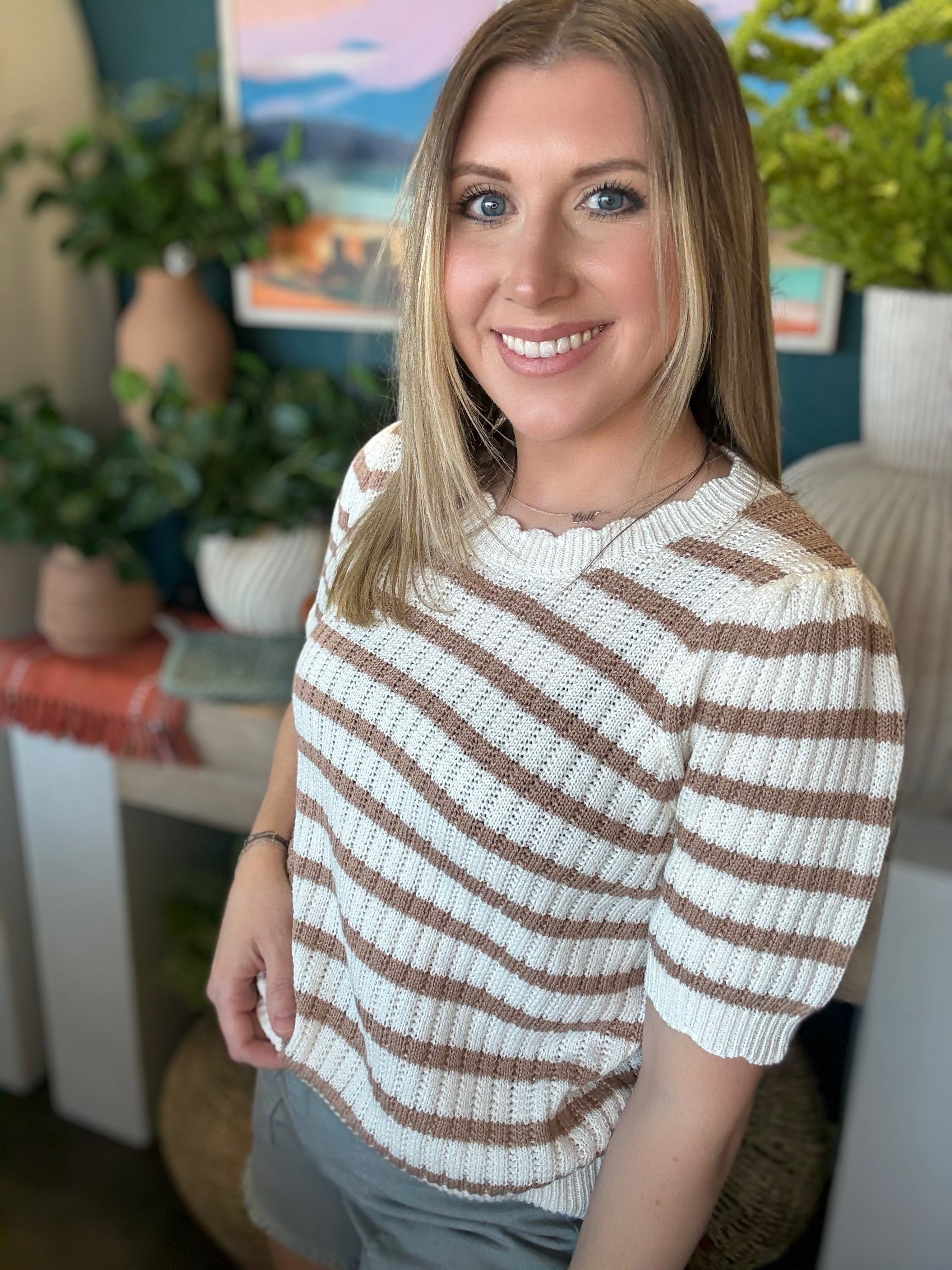 Soft Mocha Stripe Knit Puff Sleeve Top