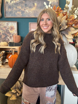 Chocolate brown textured knit cropped sweater with long sleeves