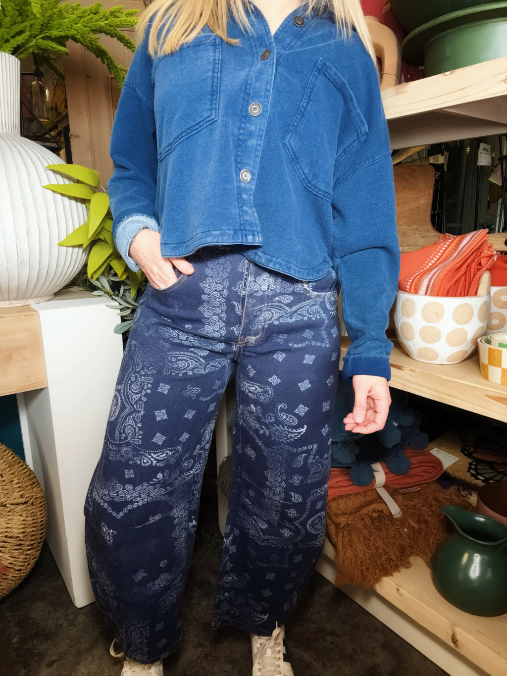 Midnight Paisley Printed Barrel Jeans