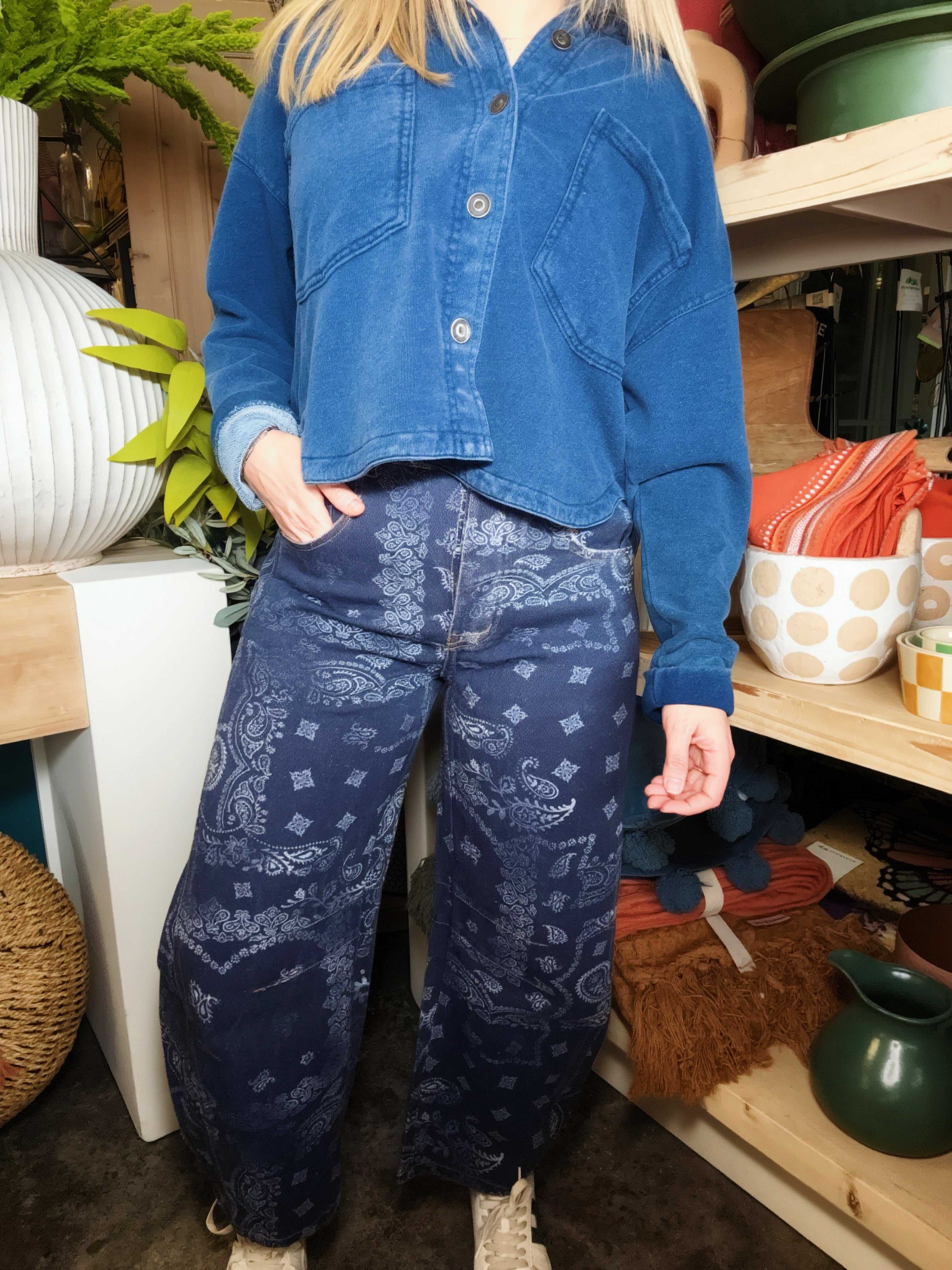 Midnight Paisley Printed Barrel Jeans