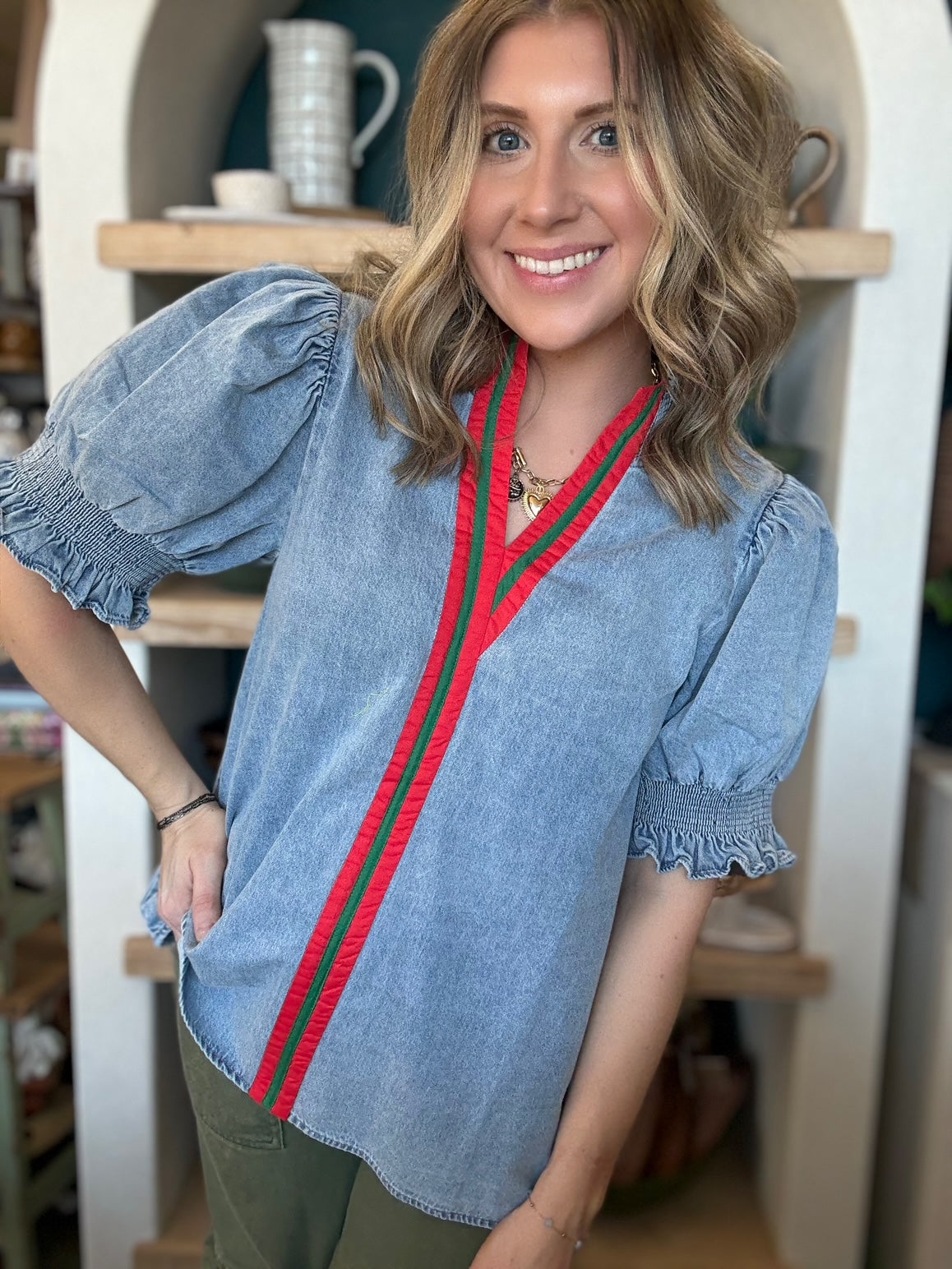 Vintage denim puff sleeve blouse with red and green stripe detail for women
