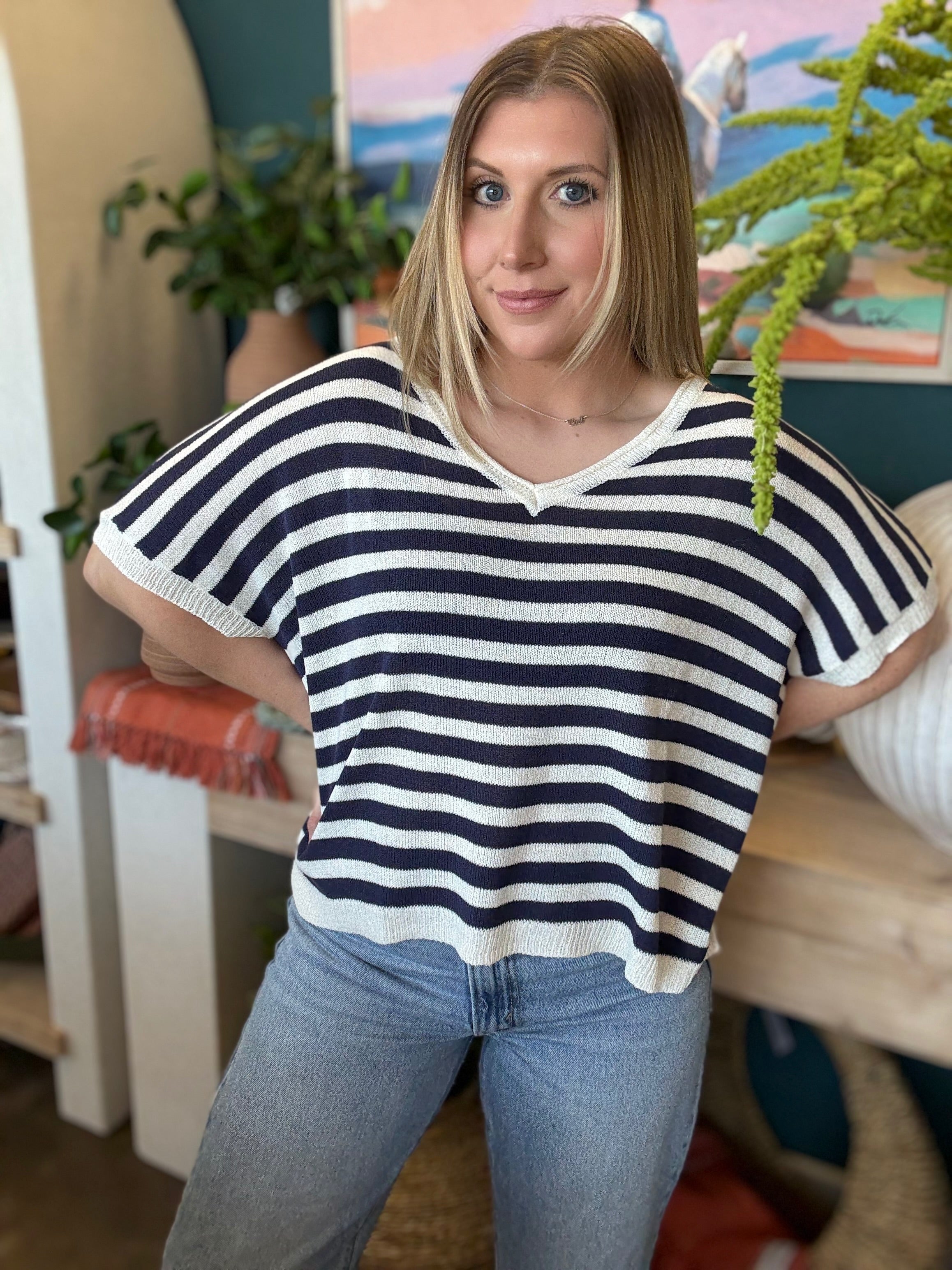 Navy Stripe Relaxed Knit Sweater Top