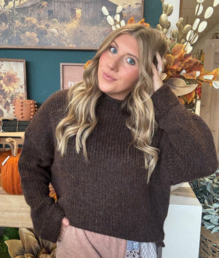 Chocolate brown textured knit cropped sweater with long sleeves