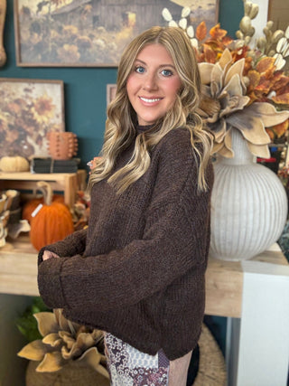 Chocolate brown textured knit cropped sweater with long sleeves