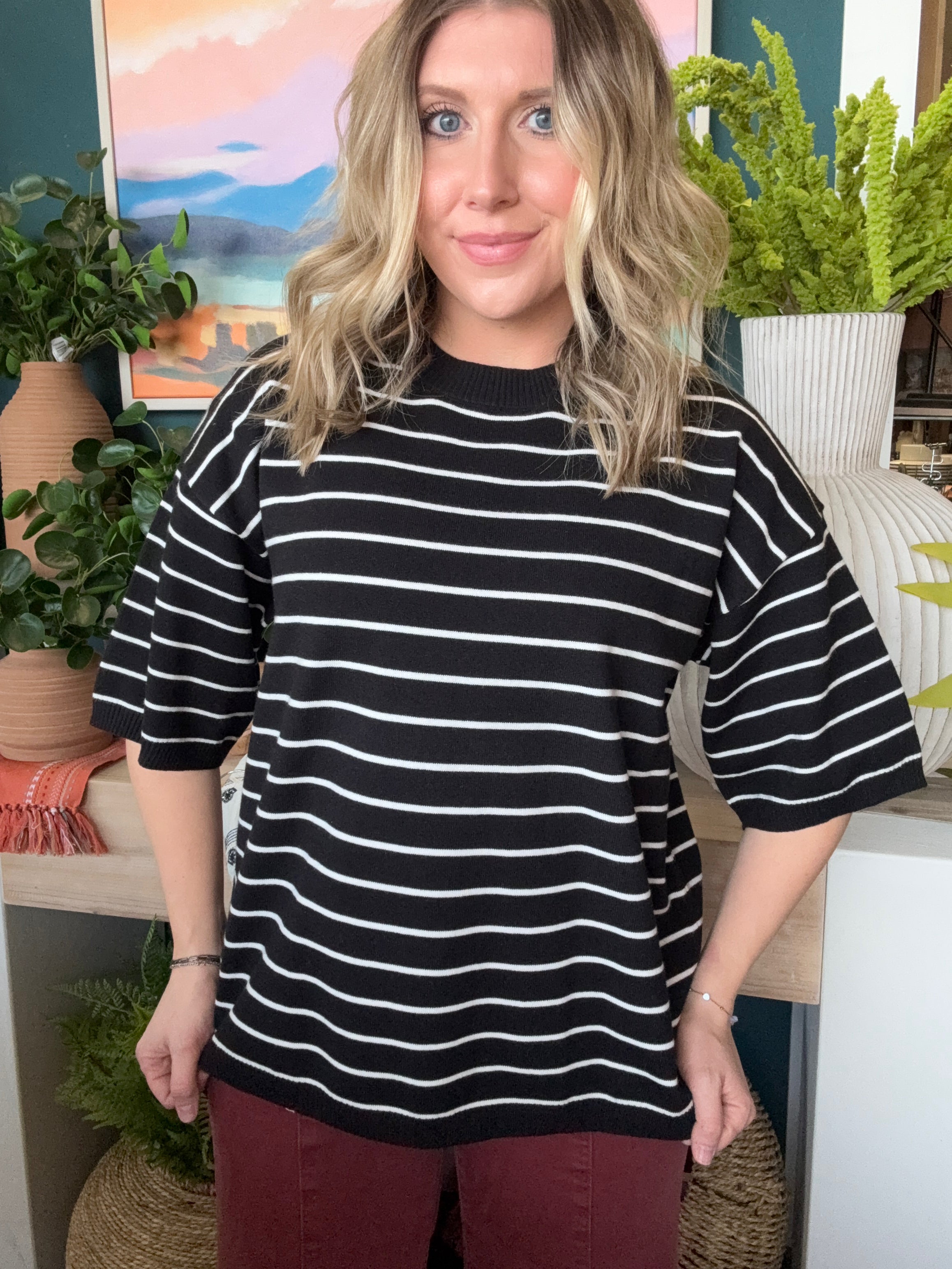 Striped Knit Top Short Sleeve