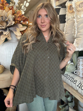 Olive checkerboard gauze oversized blouse with button front and rolled sleeves