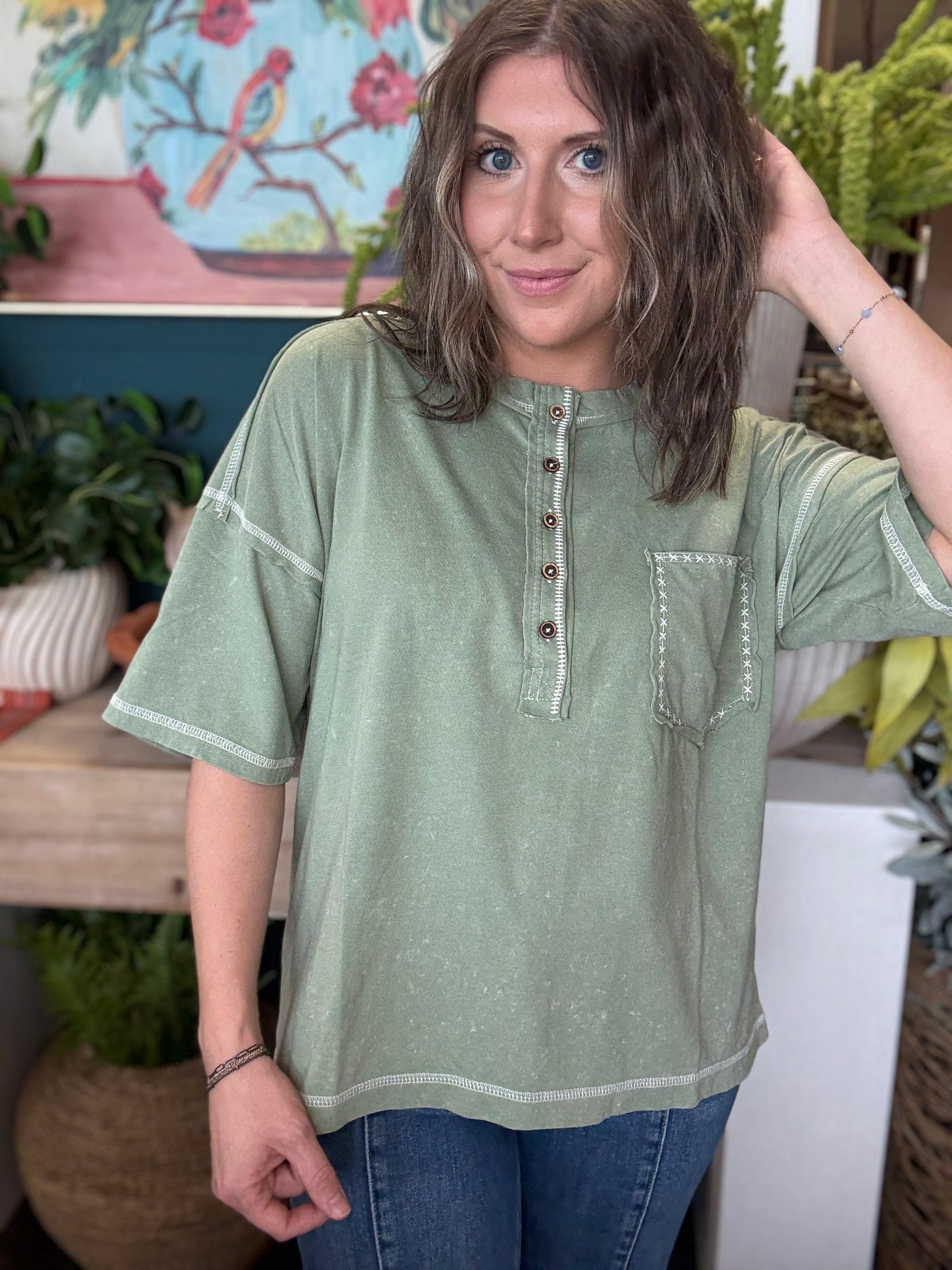 Mineral Washed Oversized Olive Top