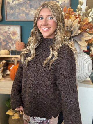 Chocolate brown textured knit cropped sweater with long sleeves
