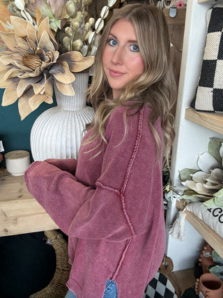 VINTAGE WASHED BERRY PULLOVER WITH EXPOSED SEAMS