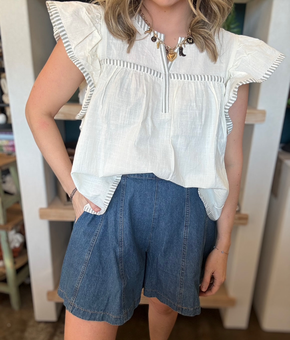 Ivory flutter sleeve boutique blouse with stripe trim for women