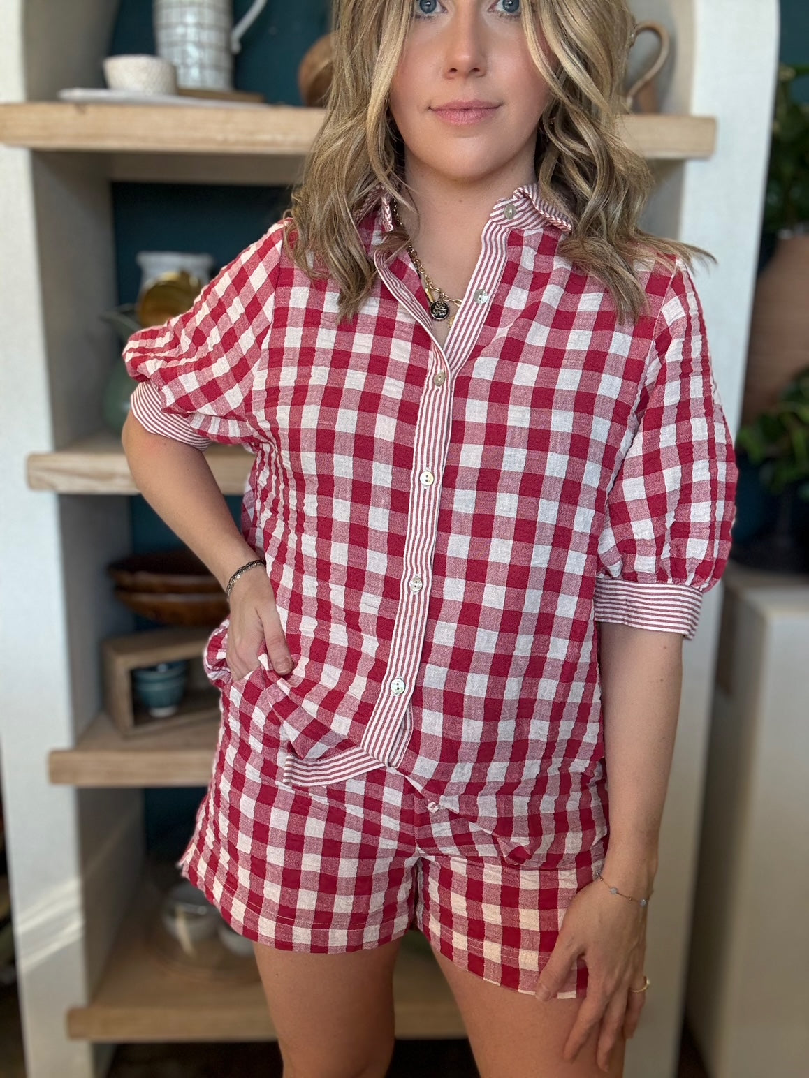 red gingham puff sleeve button down boutique top for women
