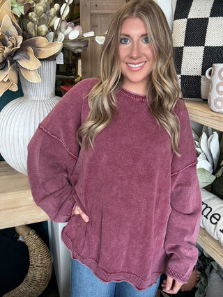 VINTAGE WASHED BERRY PULLOVER WITH EXPOSED SEAMS