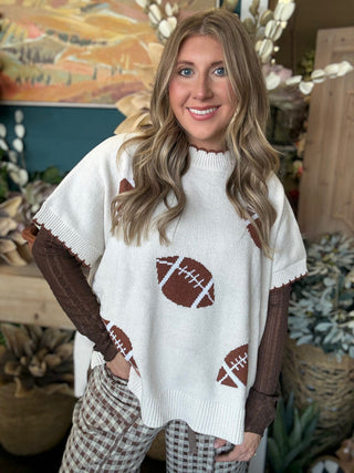 IVORY TAILGATE SWEATER WITH BROWN FOOTBALL PRINT