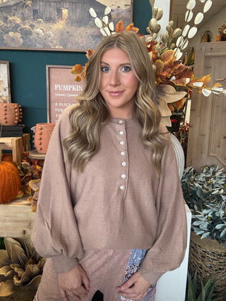 Taupe henley sweater top with button neckline and balloon sleeves