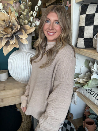TAUPE KNIT MOCK NECK SWEATER WITH RELAXED FIT