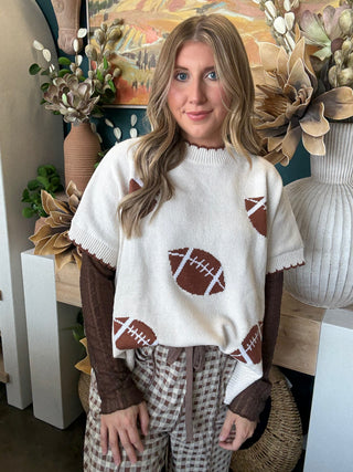 IVORY TAILGATE SWEATER WITH BROWN FOOTBALL PRINT