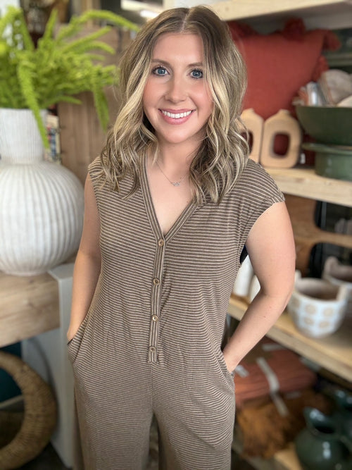 mocha striped button front women's boutique jumpsuit at Pill Box Boutique