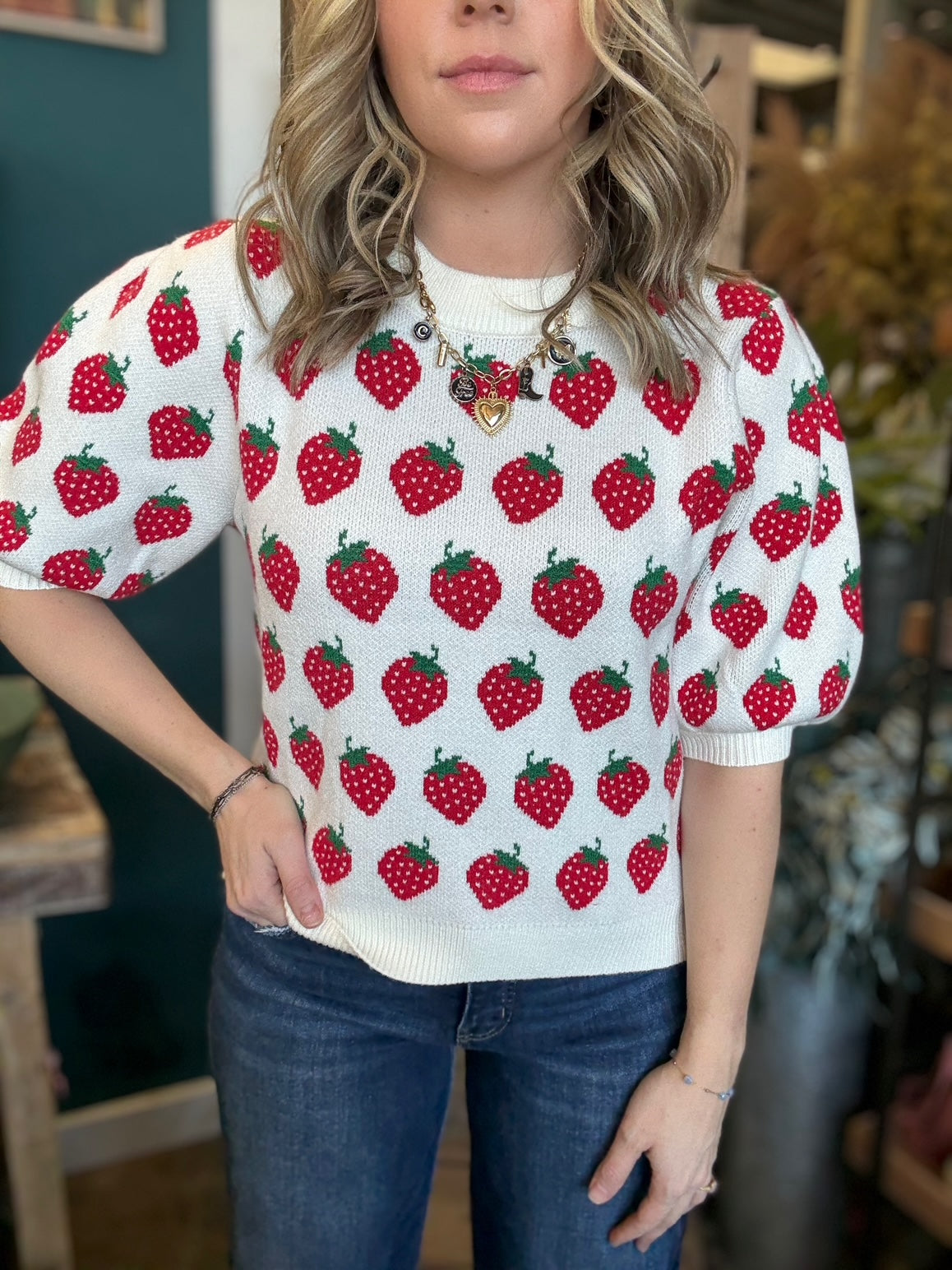 Strawberry print boutique knit sweater top for women