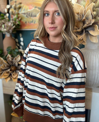FRENCH TERRY STRIPED SWEATSHIRT- CAMEL