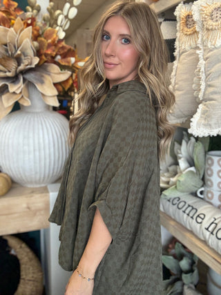 Olive checkerboard gauze oversized blouse with button front and rolled sleeves
