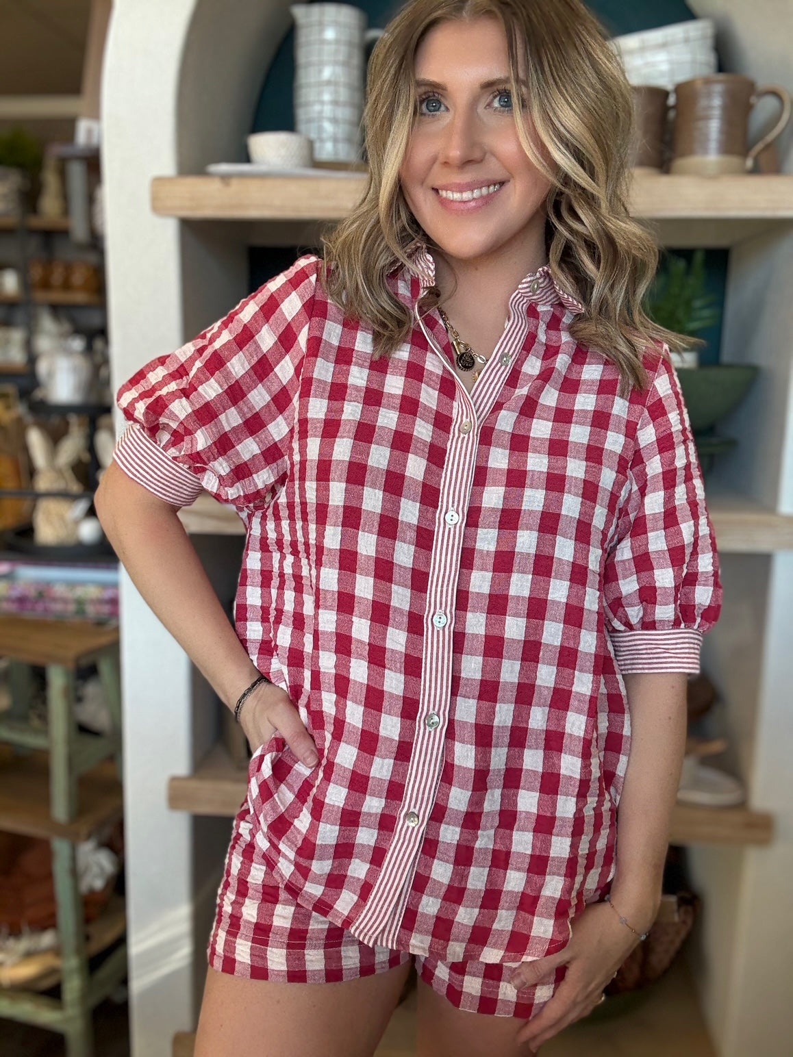 red gingham puff sleeve button down boutique top for women