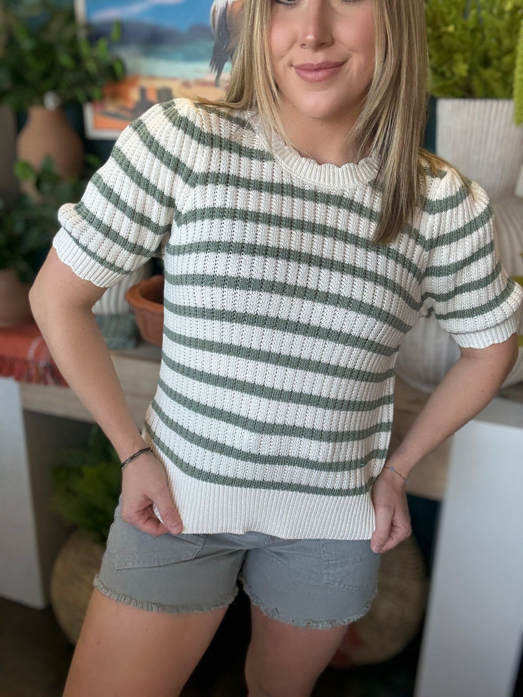 Sage Green Stripe Knit Puff Sleeve Top