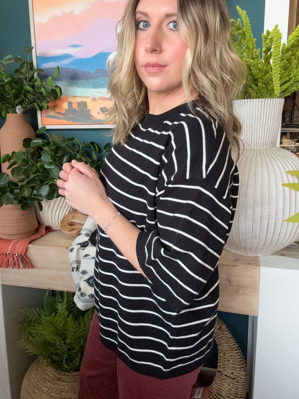 Striped Knit Top Short Sleeve