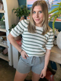 Sage Green Stripe Knit Puff Sleeve Top