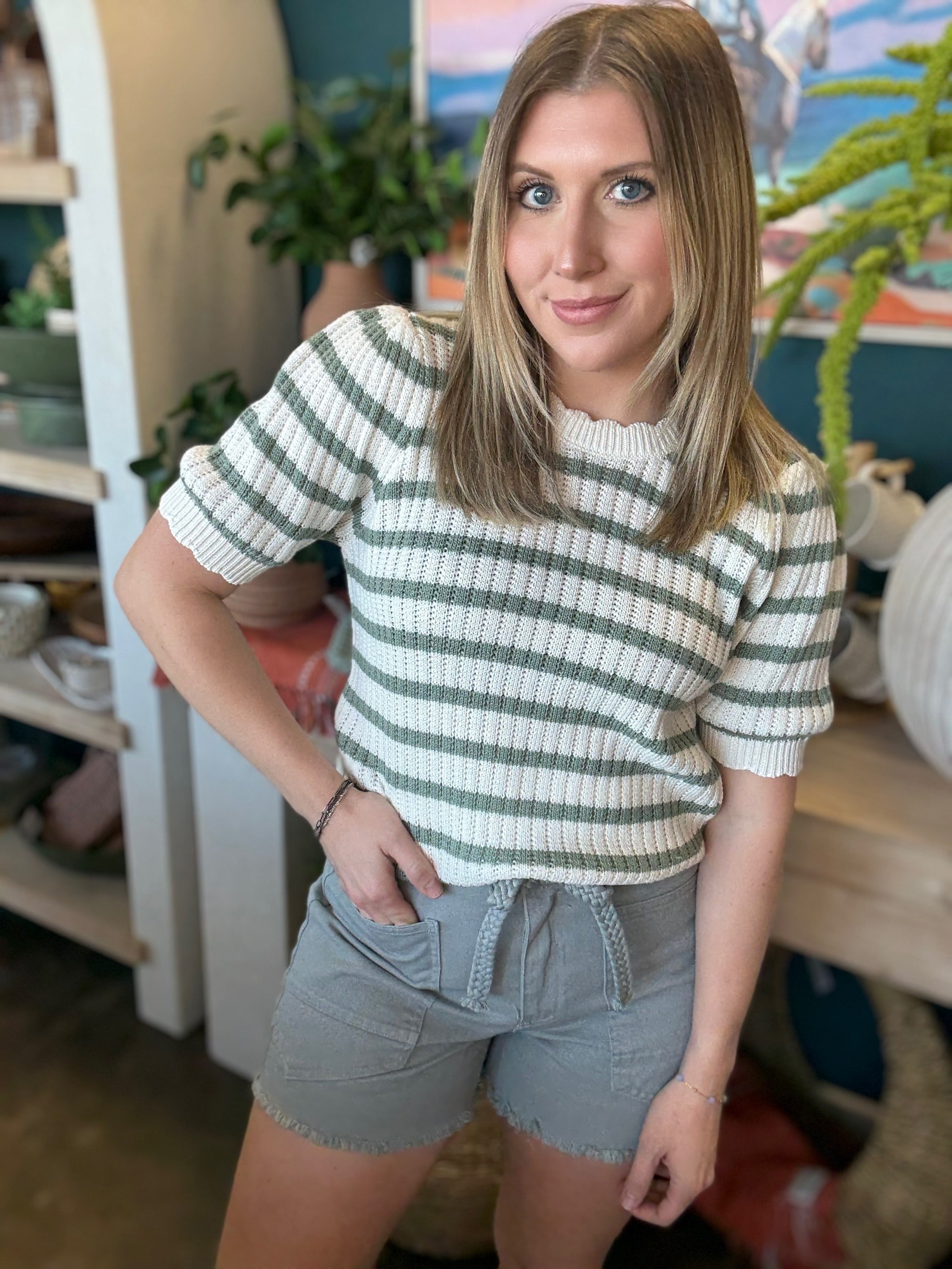 Sage Green Stripe Knit Puff Sleeve Top
