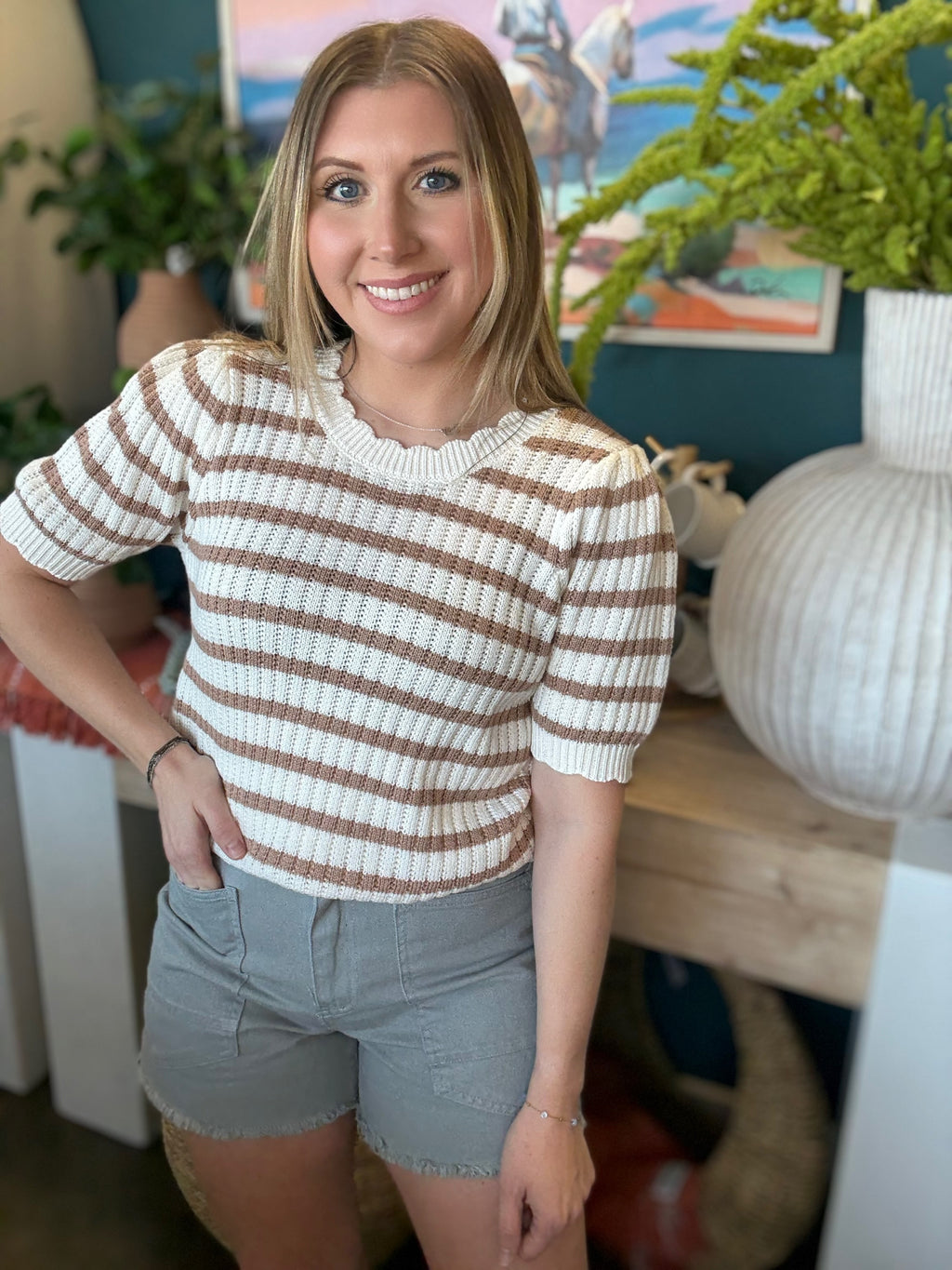 Soft Mocha Stripe Knit Puff Sleeve Top