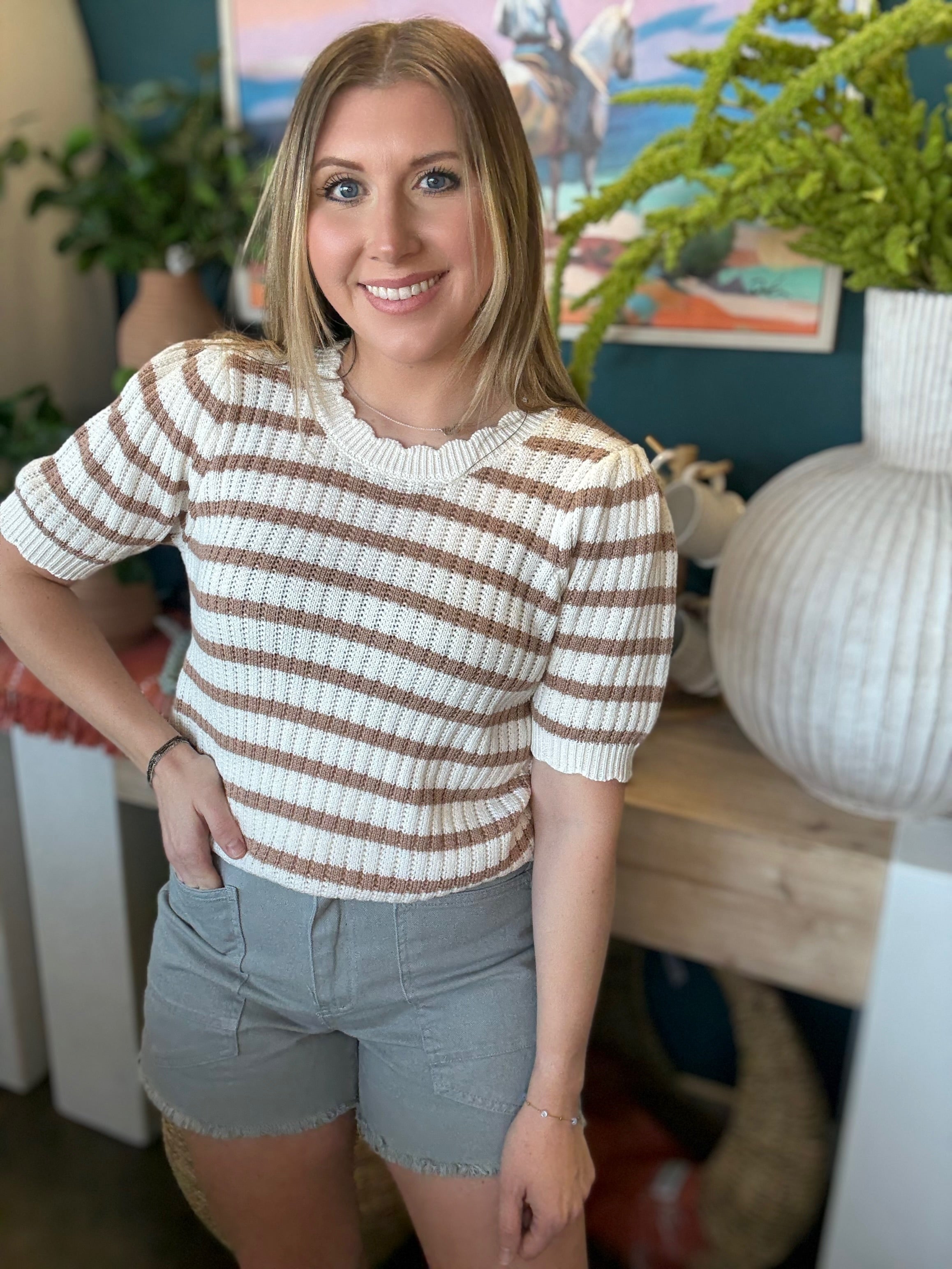 Soft Mocha Stripe Knit Puff Sleeve Top