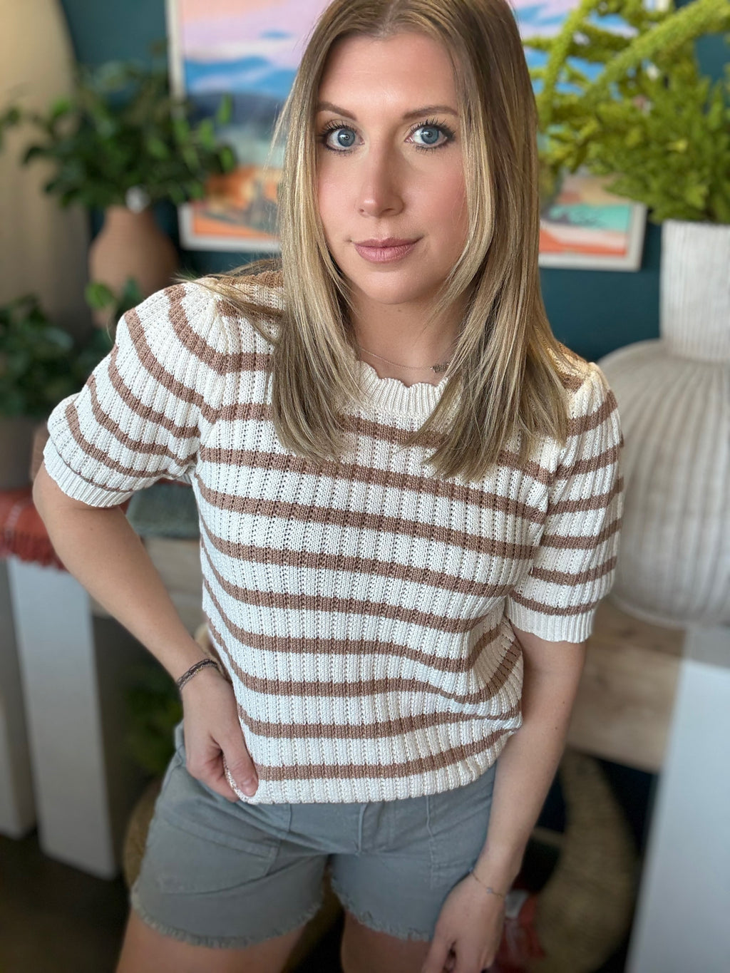 Soft Mocha Stripe Knit Puff Sleeve Top