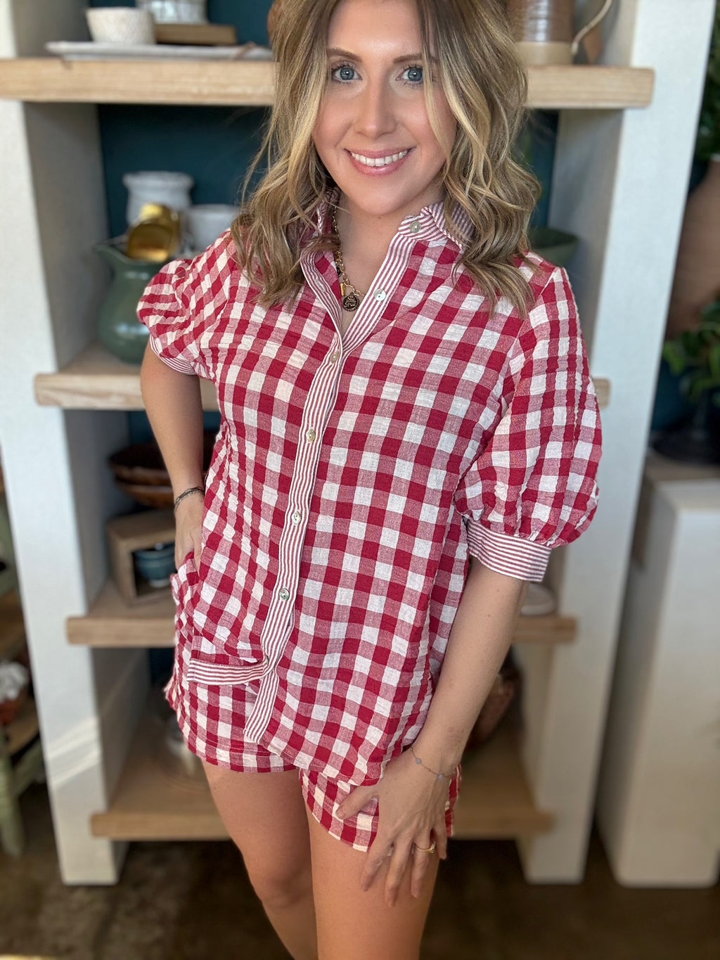 red gingham puff sleeve button down boutique top for women