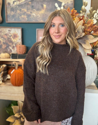 Chocolate brown textured knit cropped sweater with long sleeves