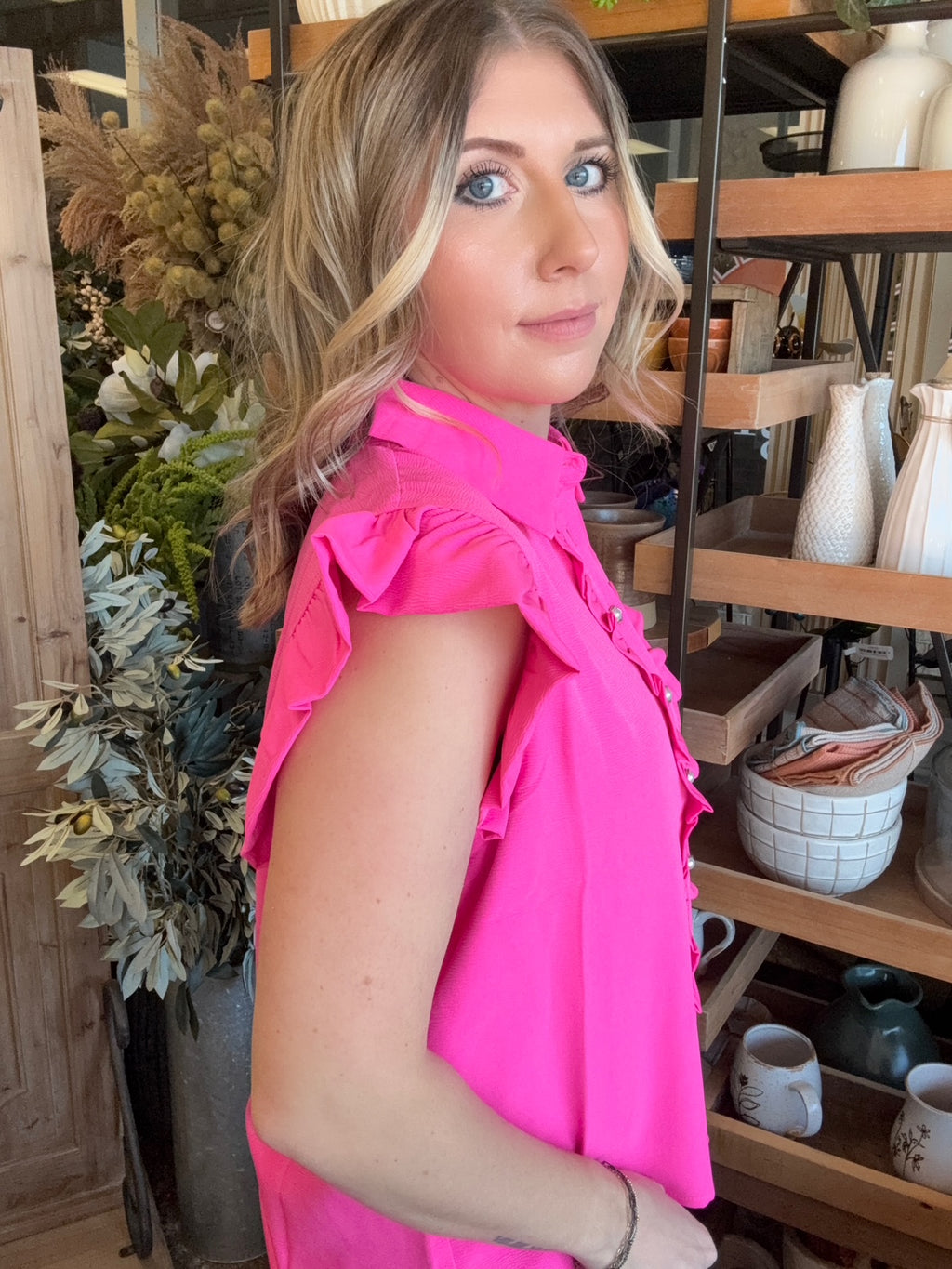 Hot pink ruffle sleeve boutique blouse with button front for women
