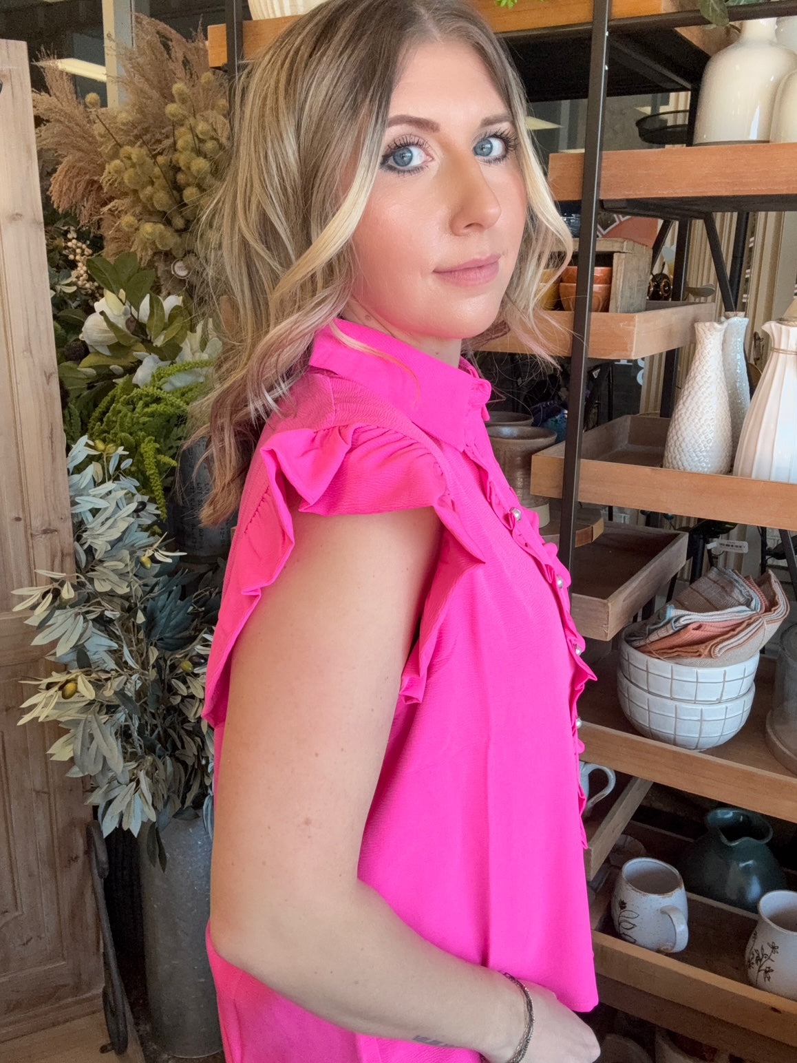 Hot pink ruffle sleeve boutique blouse with button front for women