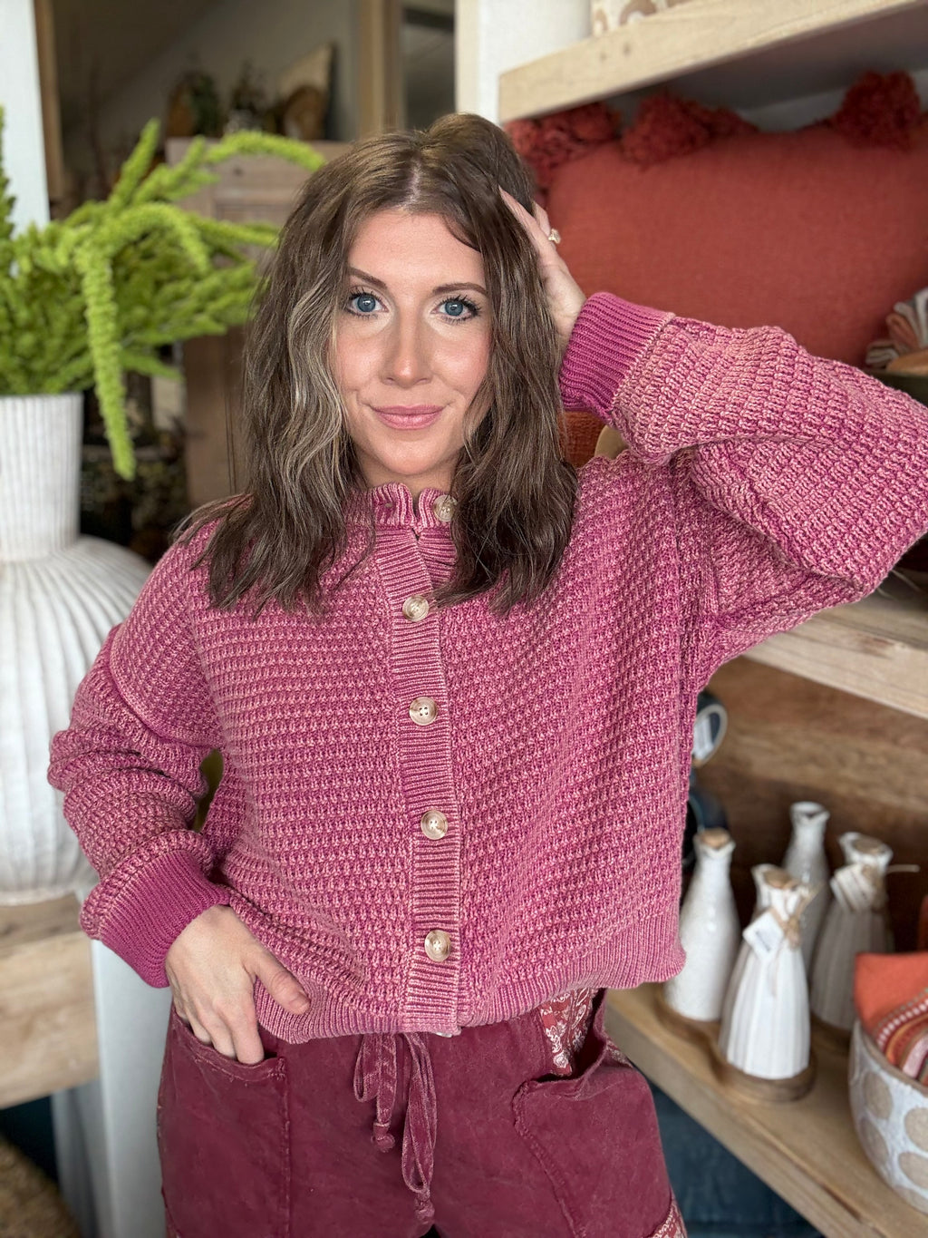 Mineral Washed Sunday Stroll Cardigan — Rosewood