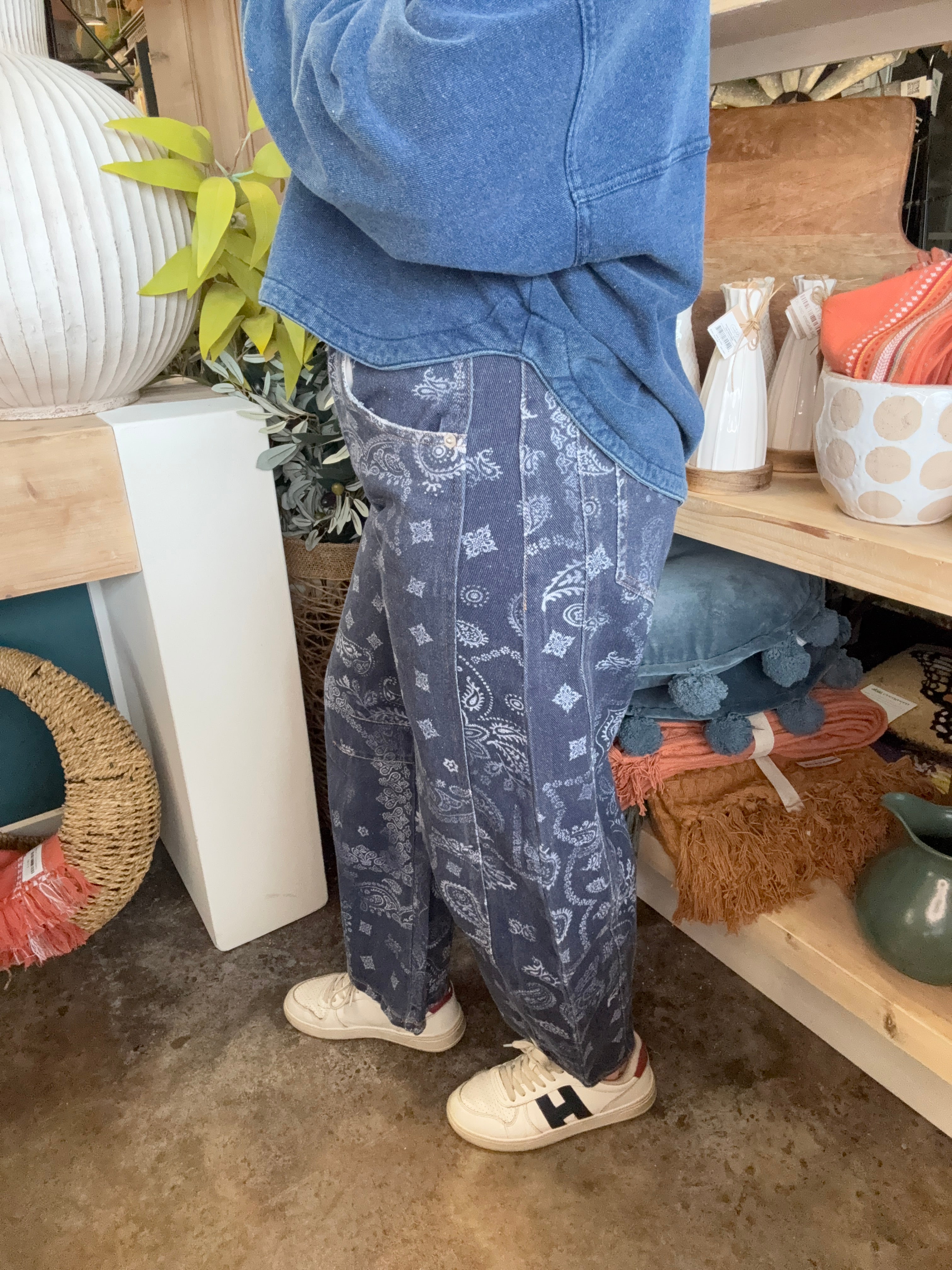 Midnight Paisley Printed Barrel Jeans