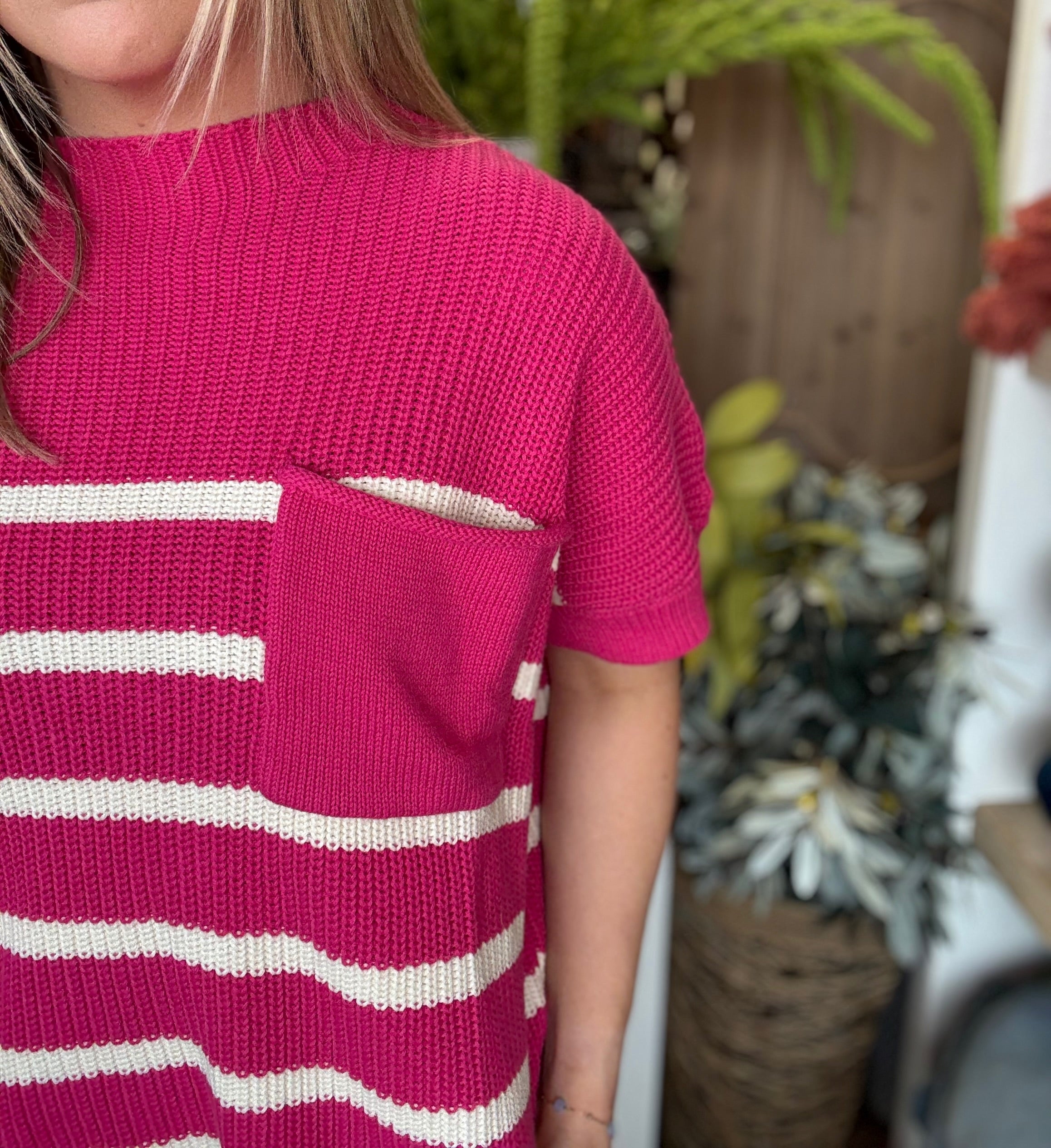 Bright Pink Stripe Pocket Sweater Top