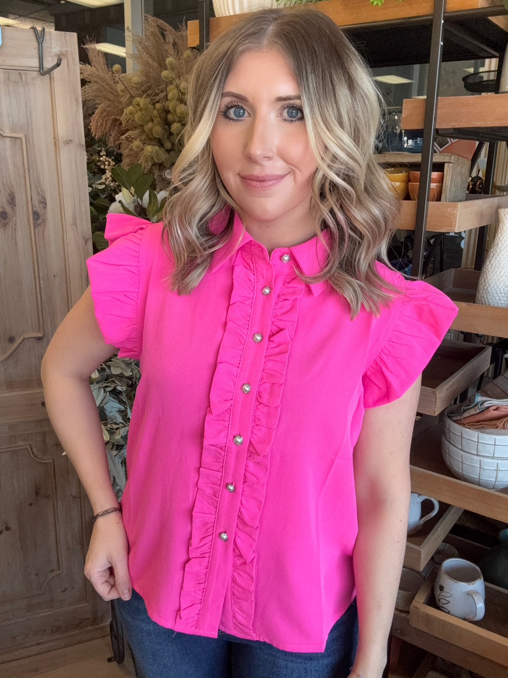 Hot pink ruffle sleeve boutique blouse with button front for women