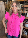Hot pink ruffle sleeve boutique blouse with button front for women