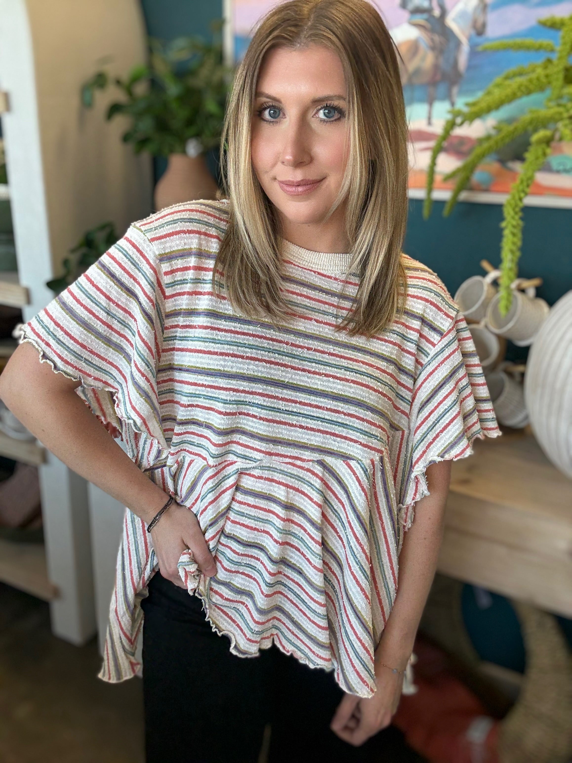 Ruffle Hem Stripe Babydoll Top
