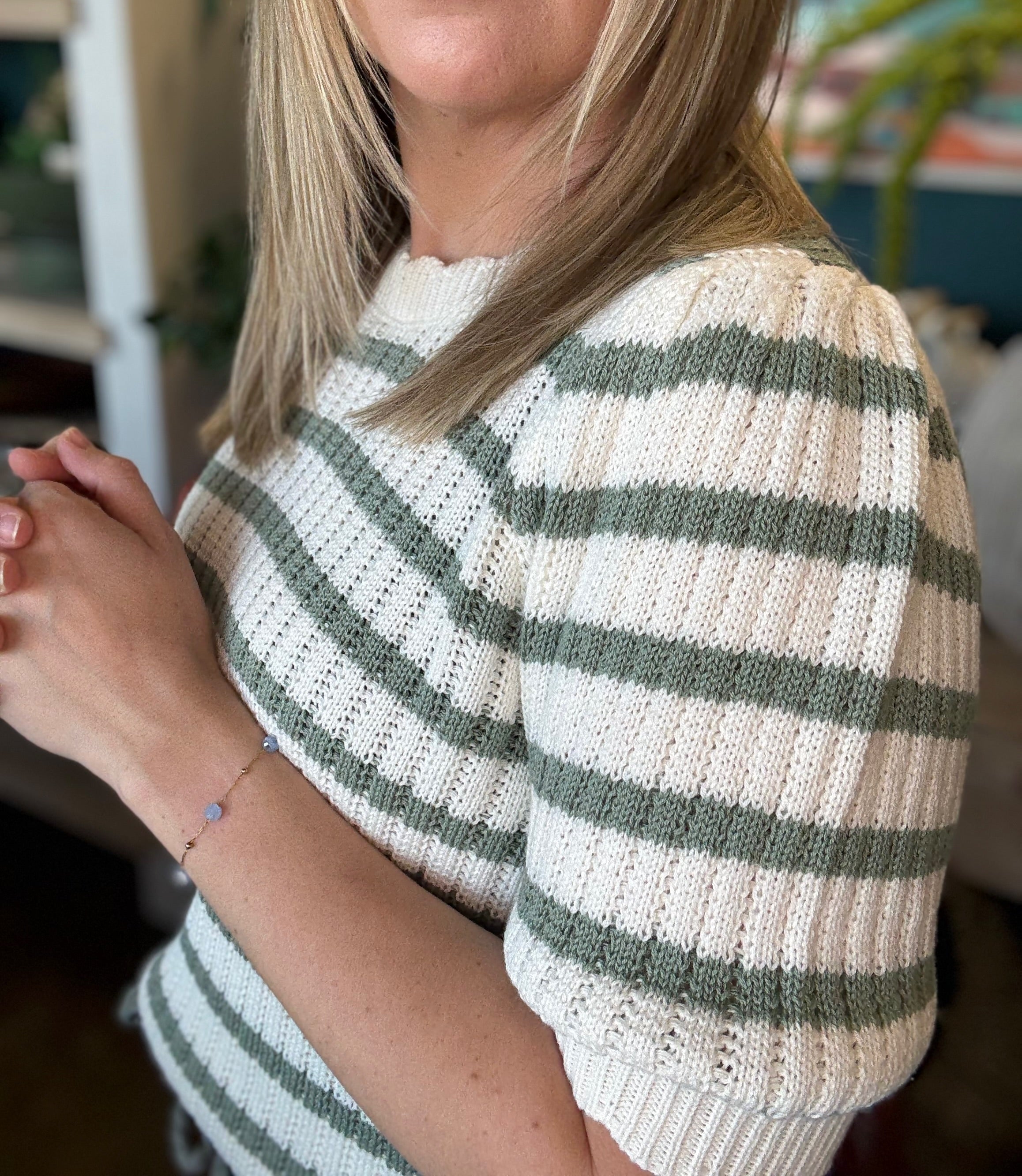 Sage Green Stripe Knit Puff Sleeve Top