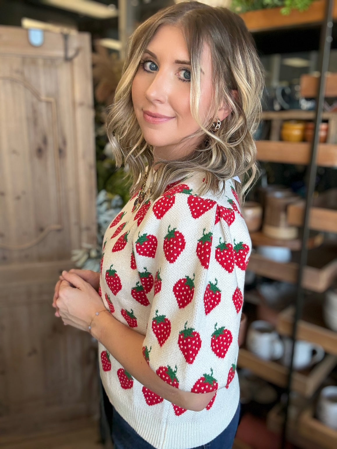 Strawberry print boutique knit sweater top for women