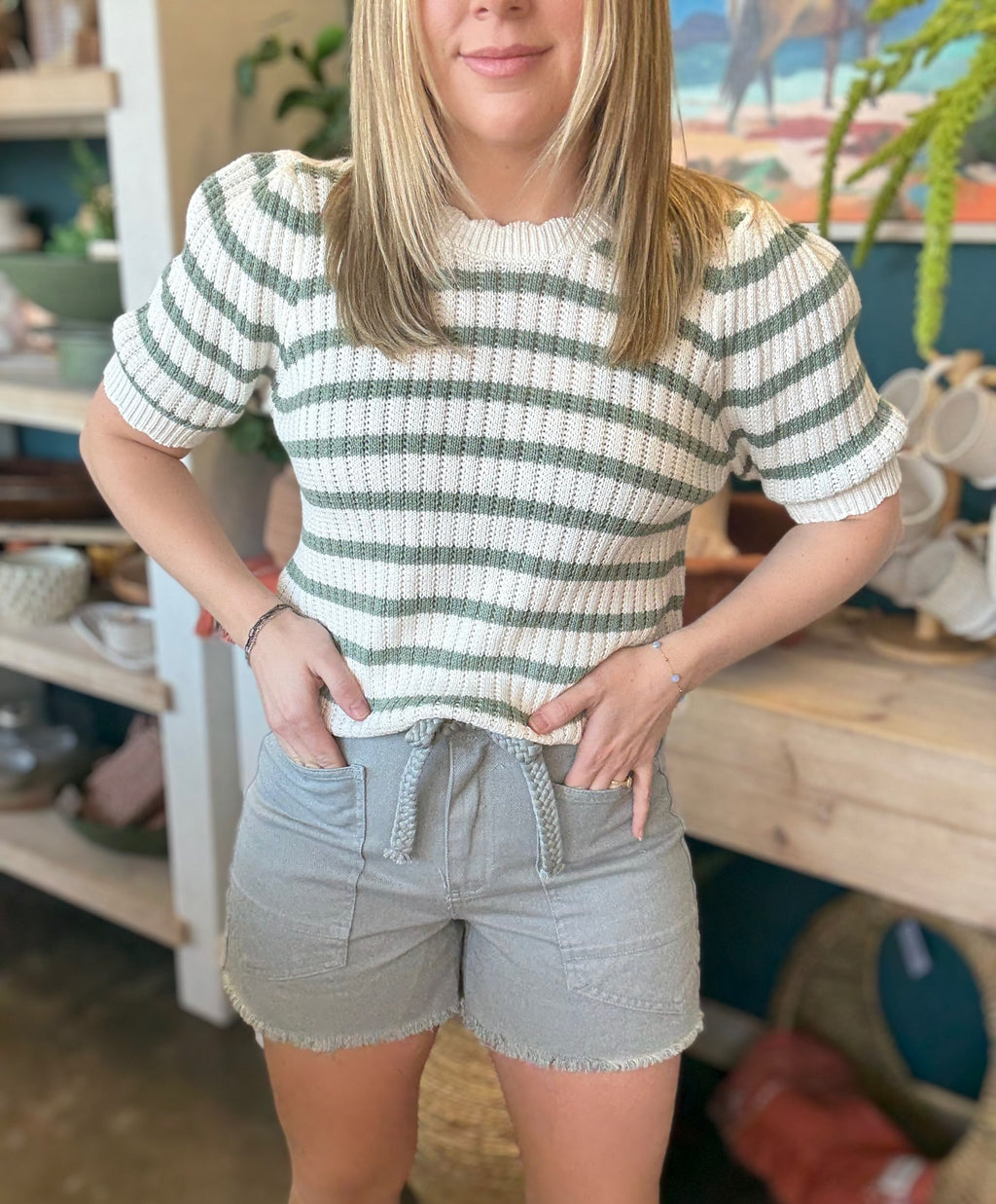 Sage Green Stripe Knit Puff Sleeve Top