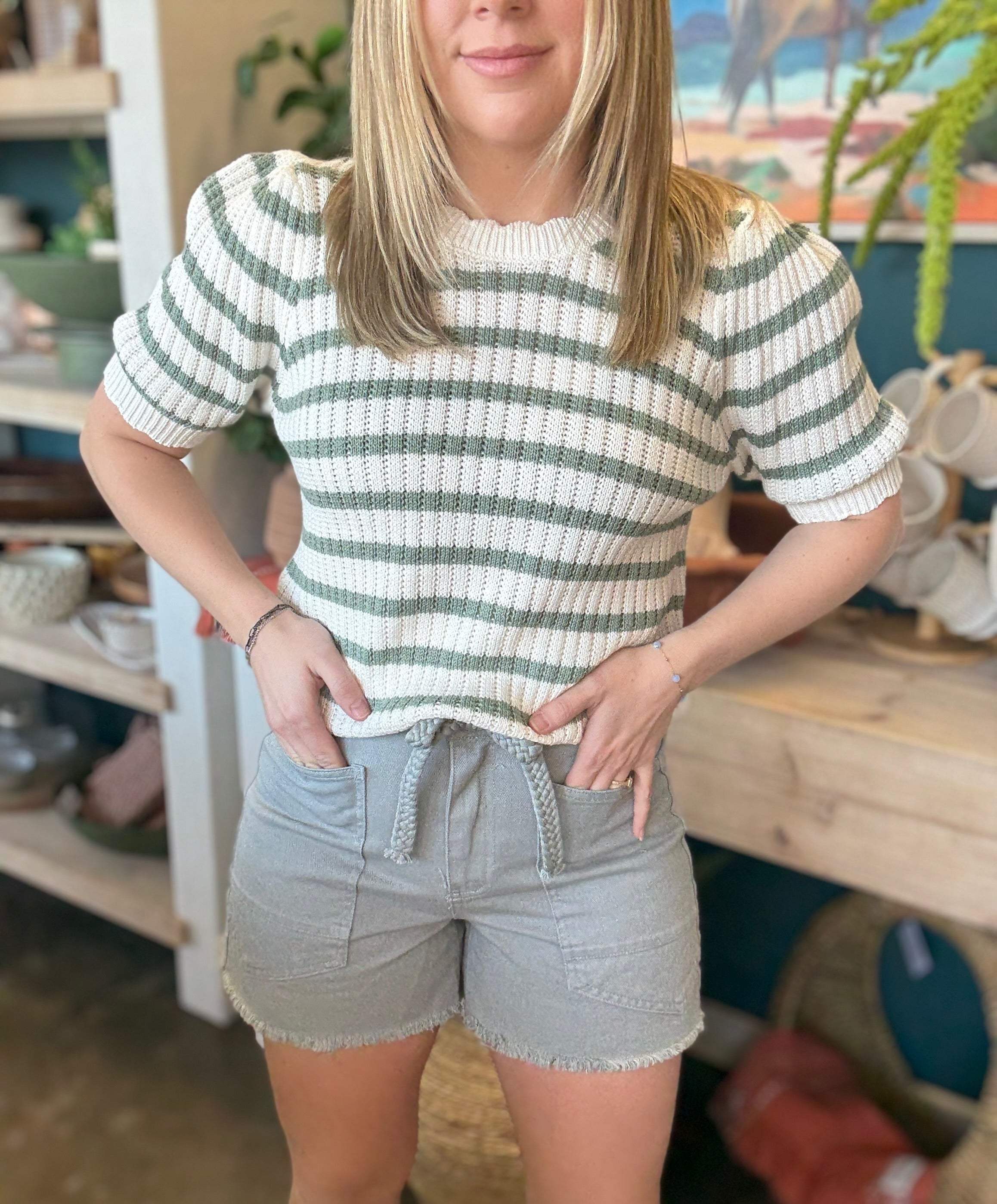 Sage Green Stripe Knit Puff Sleeve Top