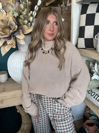 TAUPE KNIT MOCK NECK SWEATER WITH RELAXED FIT